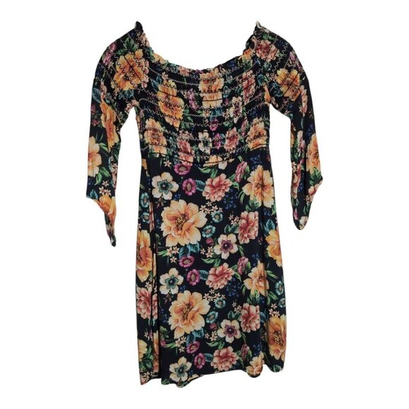 Farm Rio Dress Off-The-Shoulder Black Floral Smocked Flare Anthropologie XS - Picture 10 of 11